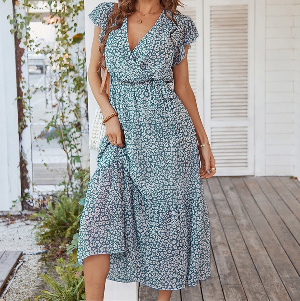 Womens Floral Summer Wrap V Neck Short Sleeve Belted Ruffle Bohemian Dress